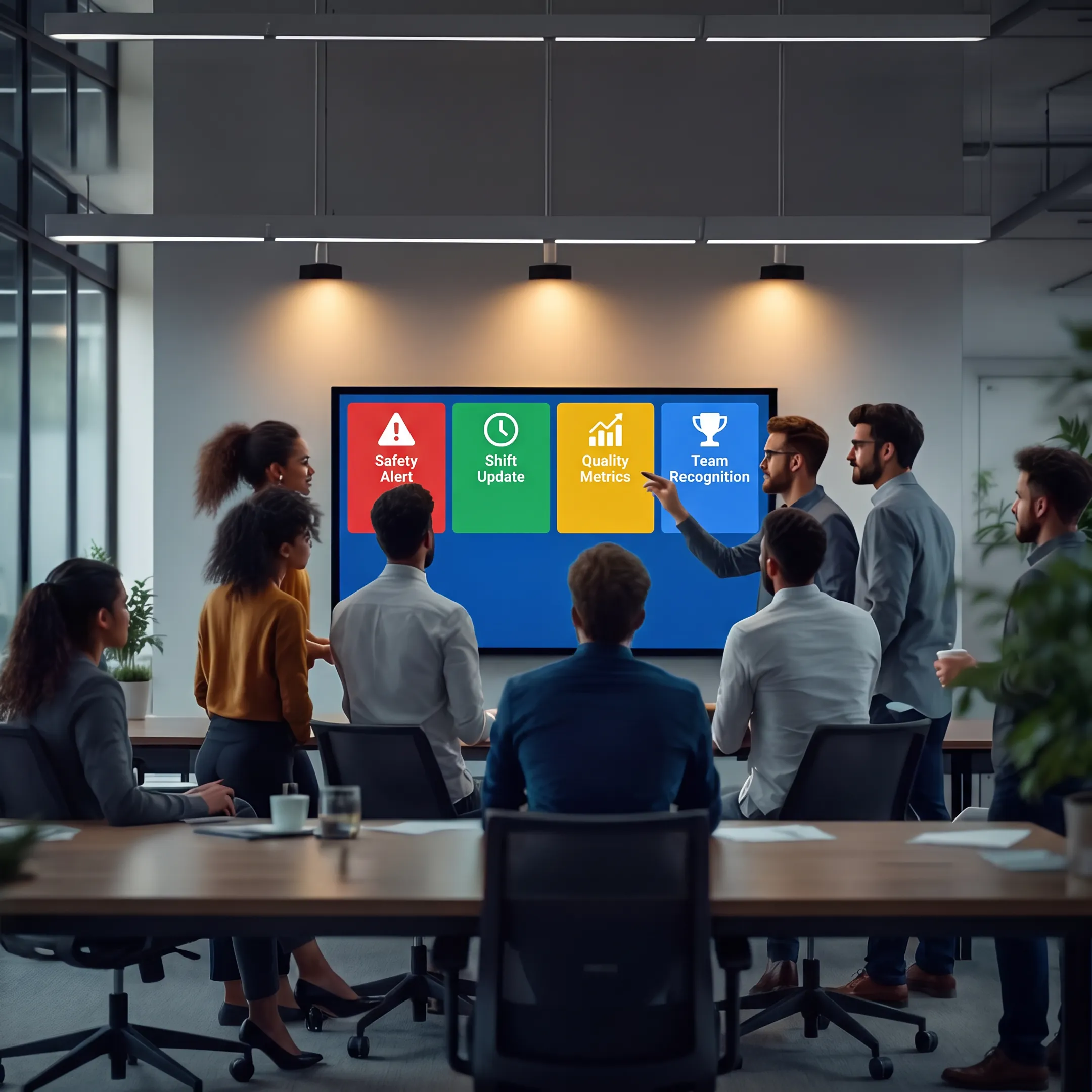 Manufacturing employees viewing digital signage on a busy production floor