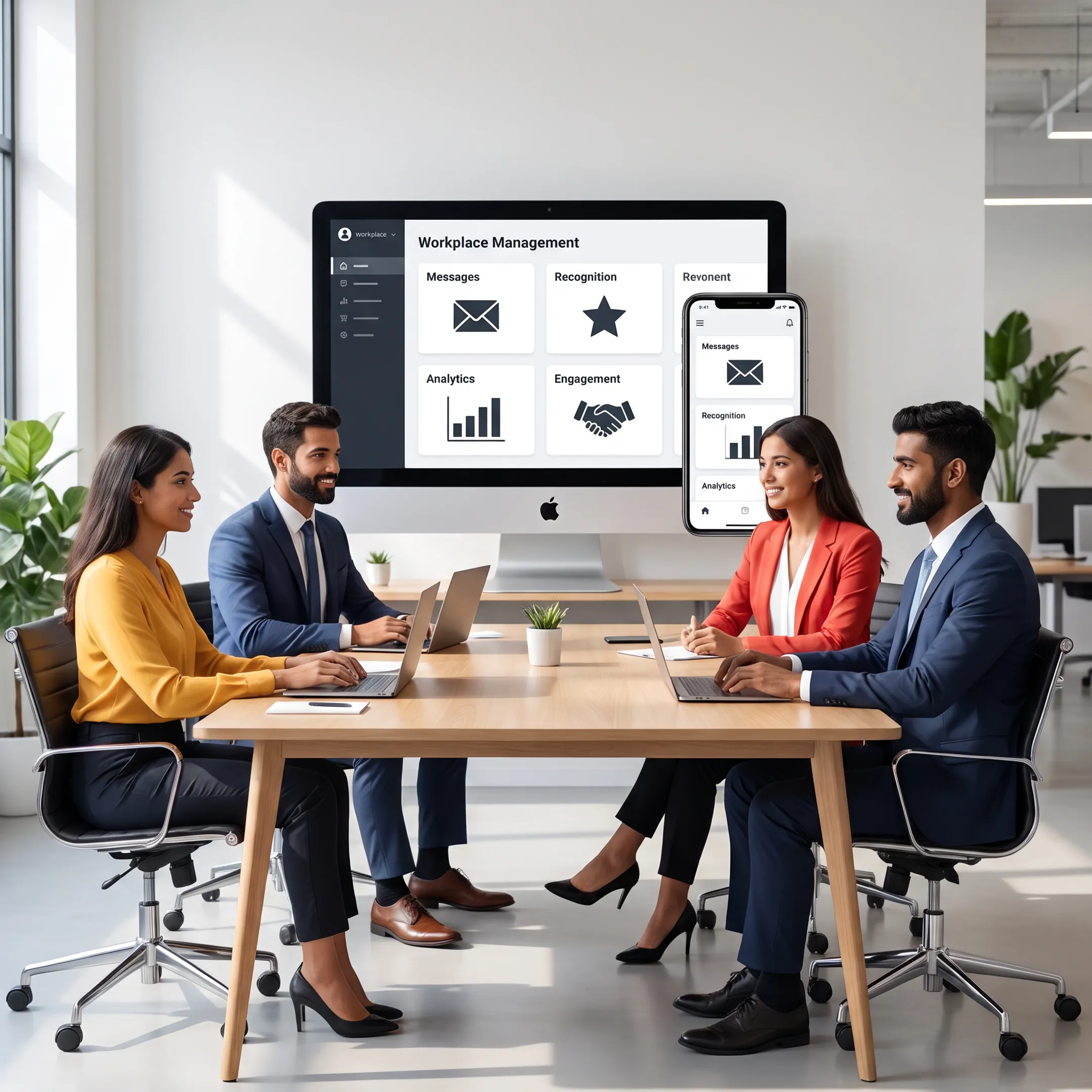 Workplace management software dashboard connecting employees across devices