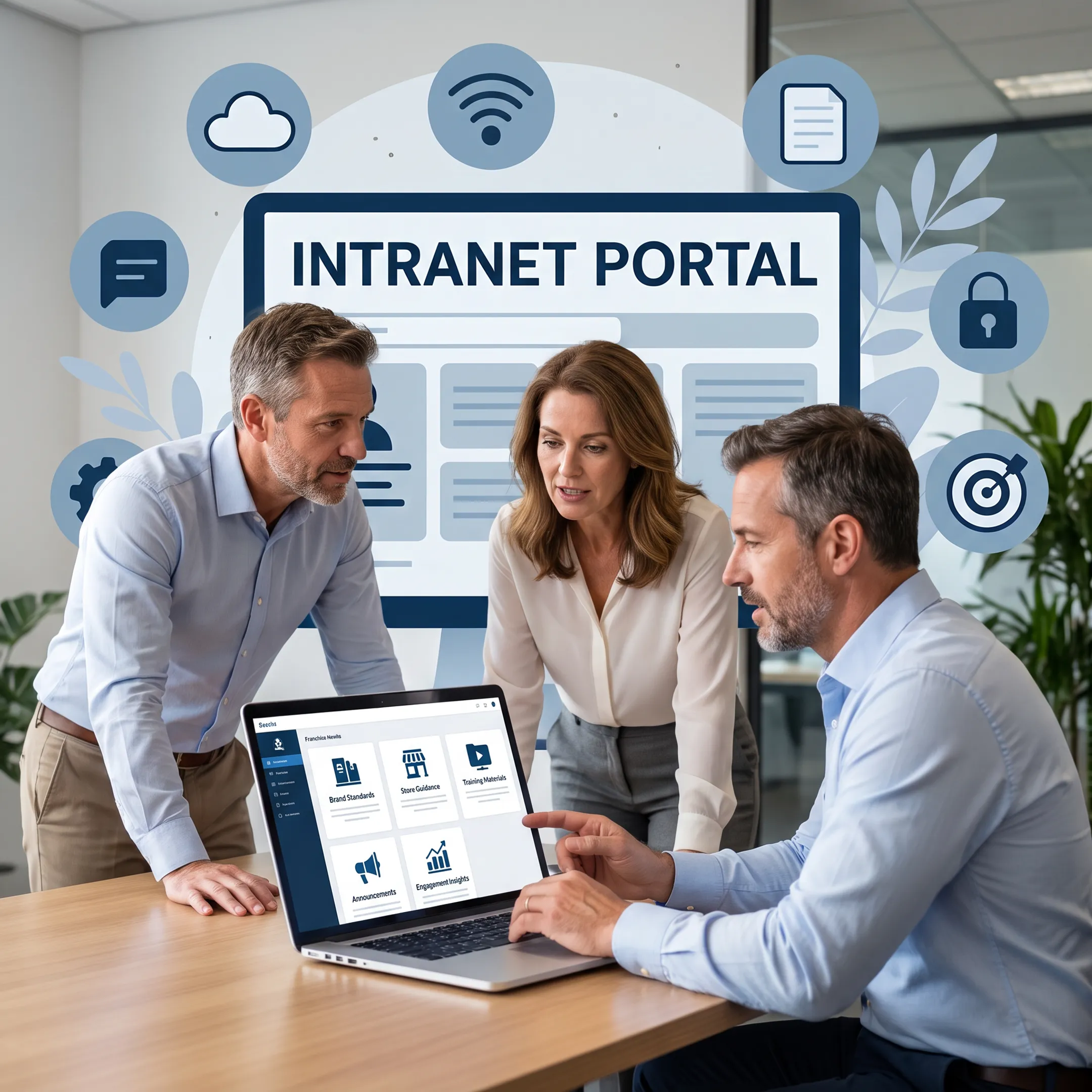 Franchise managers reviewing branded operations content on a digital portal