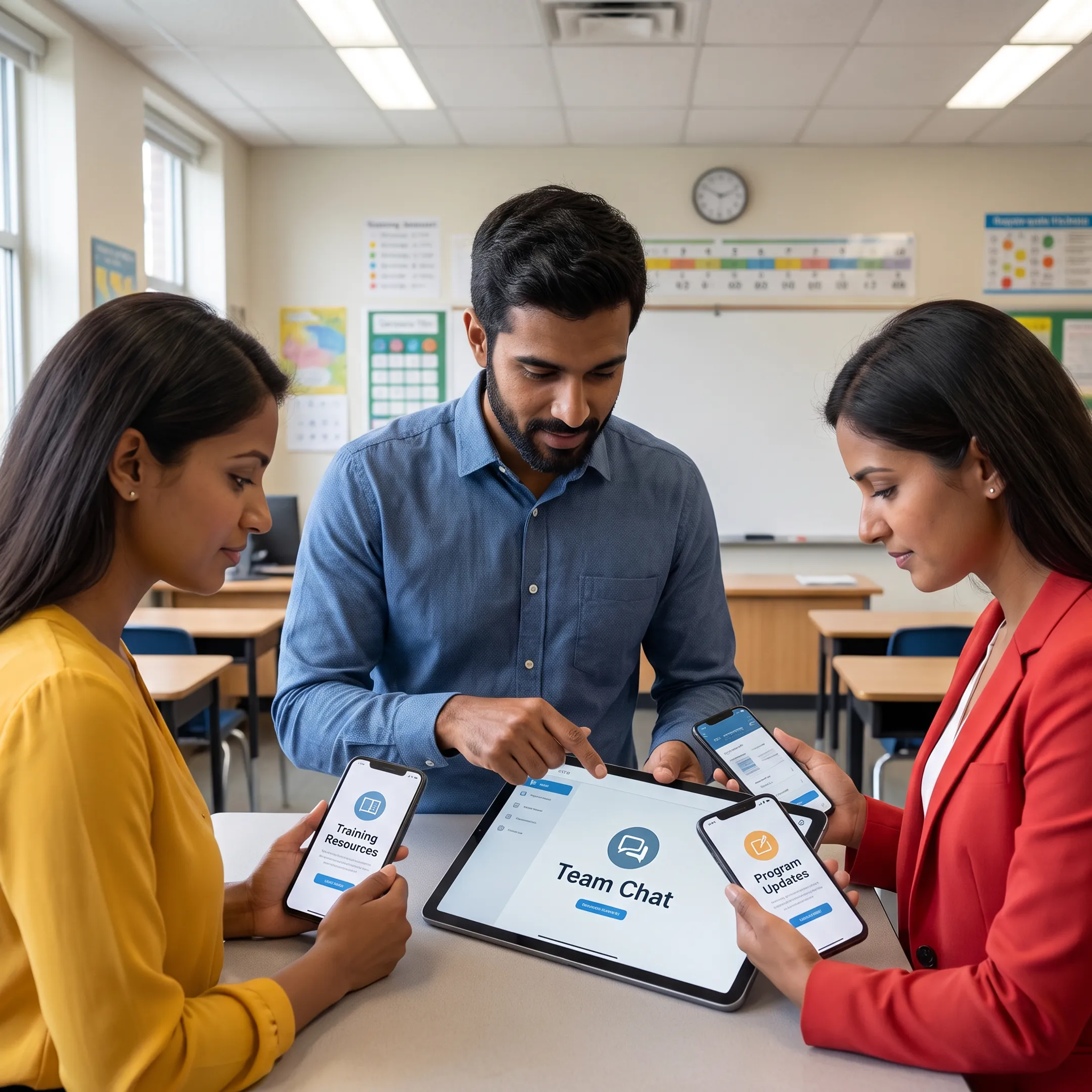 Afterschool staff using workforce management software on mobile devices