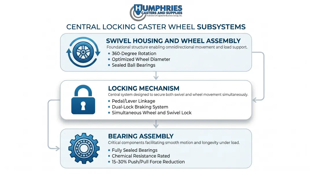 Three core components of hospital bed central locking caster system diagram