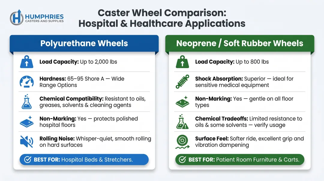 Polyurethane versus neoprene hospital caster wheel material comparison side by side