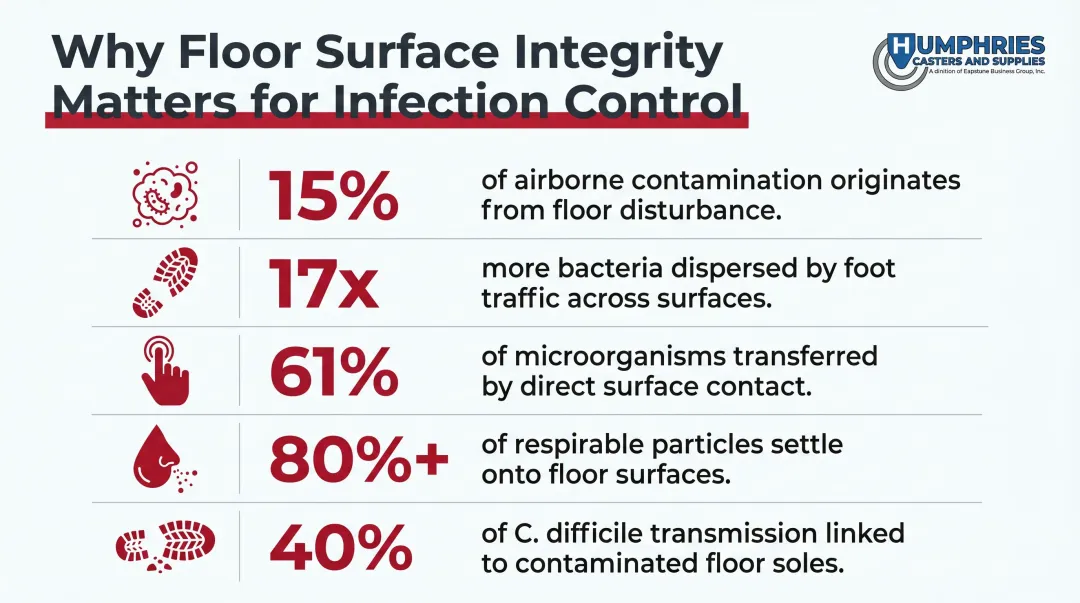 Hospital floor contamination infection risk statistics infographic with five key data points