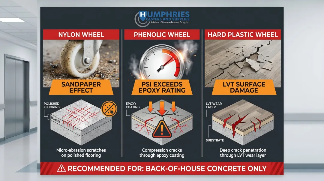Nylon phenolic and hard plastic wheel floor damage mechanisms comparison infographic