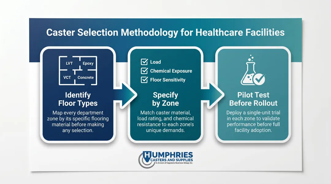 Three-step hospital caster selection and pilot testing process flow diagram