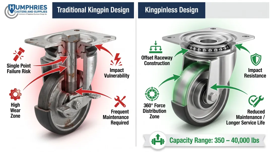 Kingpinless versus standard swivel caster design comparison showing structural differences