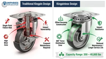 Kingpinless versus standard swivel caster design comparison showing structural differences