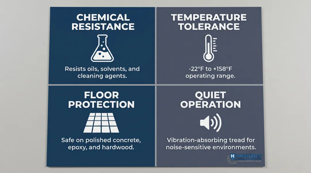 Four core polyurethane caster performance requirements infographic for industrial applications