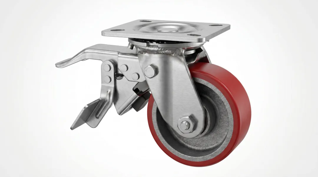 Industrial polyurethane caster wheel with metal core showing tread and swivel assembly