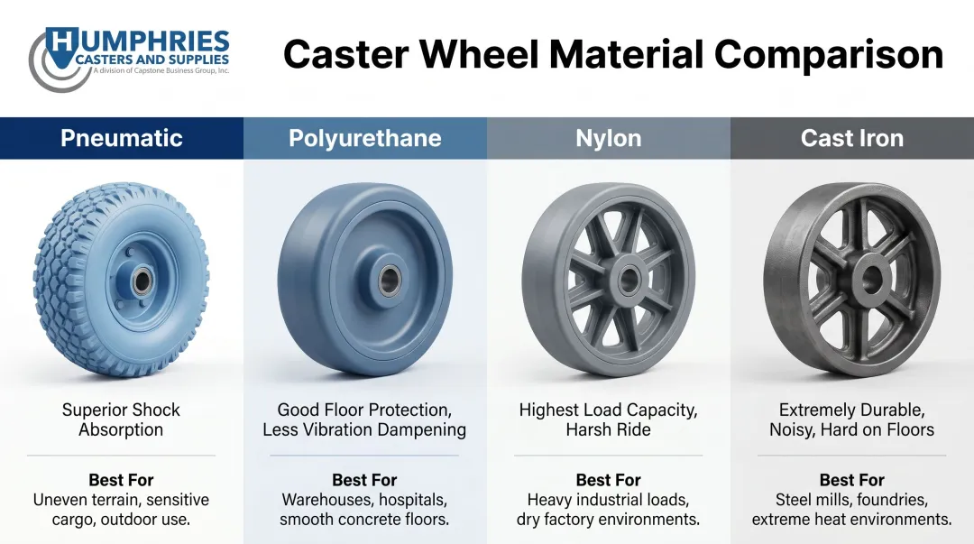 Pneumatic versus polyurethane nylon and cast iron caster wheel material comparison