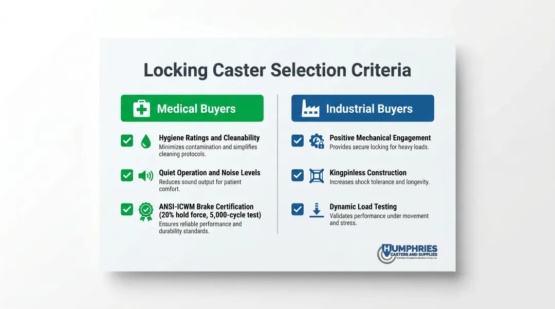 Medical versus industrial locking caster selection criteria side by side comparison checklist