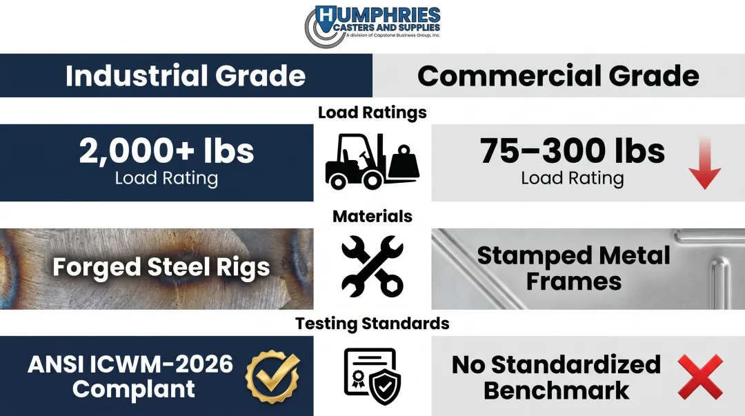 Industrial versus commercial caster three key differences comparison infographic