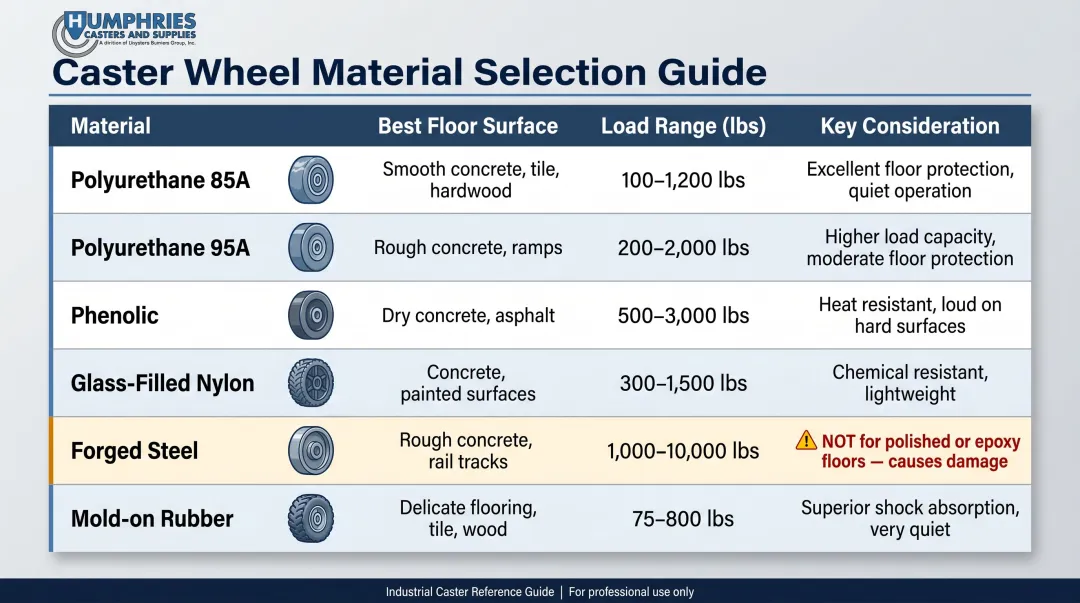 Six industrial caster wheel materials compared by load capacity floor type and use case