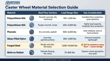 Six industrial caster wheel materials compared by load capacity floor type and use case