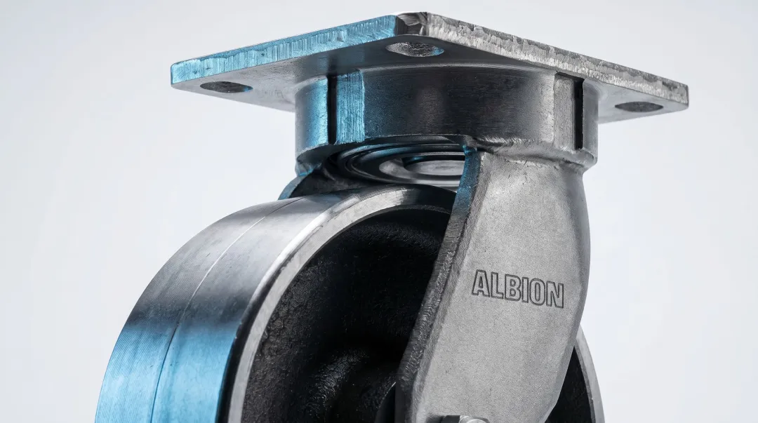 Heavy-duty kingpinless industrial caster with forged steel rig close-up view