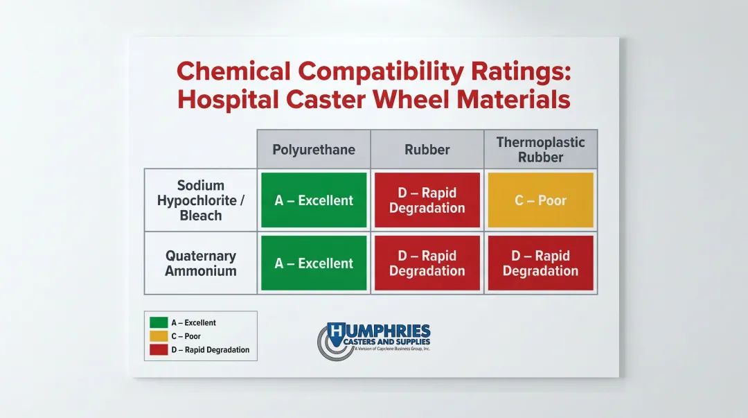 Hospital caster wheel material chemical compatibility degradation rating infographic