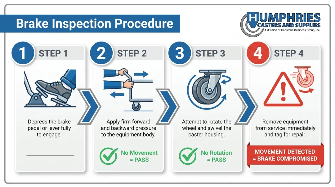 4-step hospital caster brake inspection and testing process flow infographic