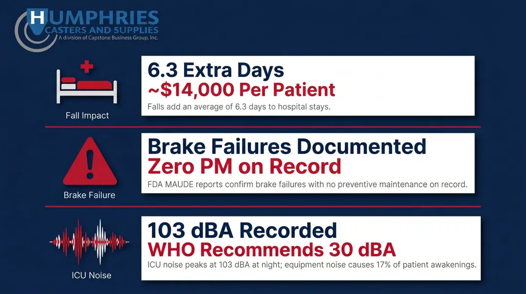 Hospital caster failure patient safety impact statistics fall costs and noise levels