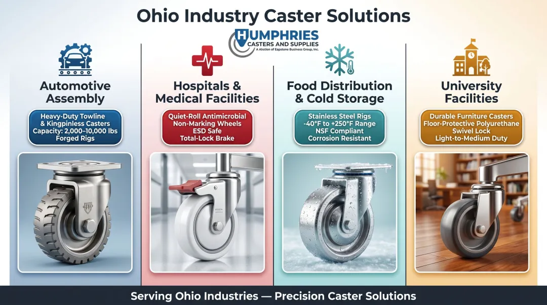 Four Ohio industries and their specialized caster requirements comparison infographic