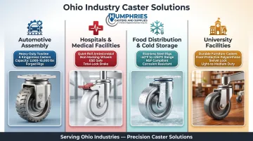 Four Ohio industries and their specialized caster requirements comparison infographic