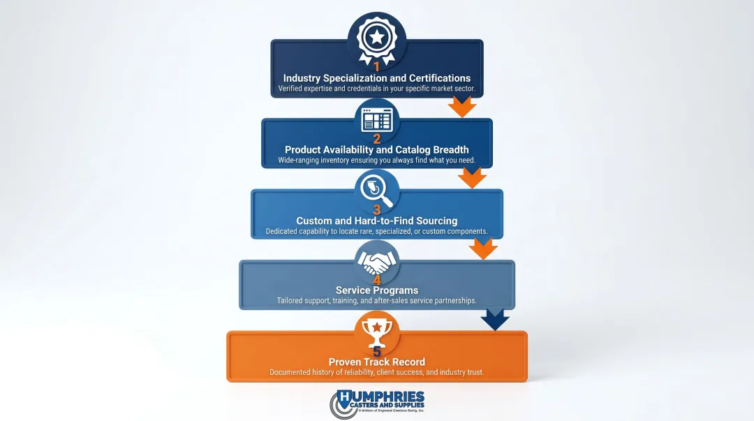 Five criteria for evaluating Ohio caster distributors selection framework infographic