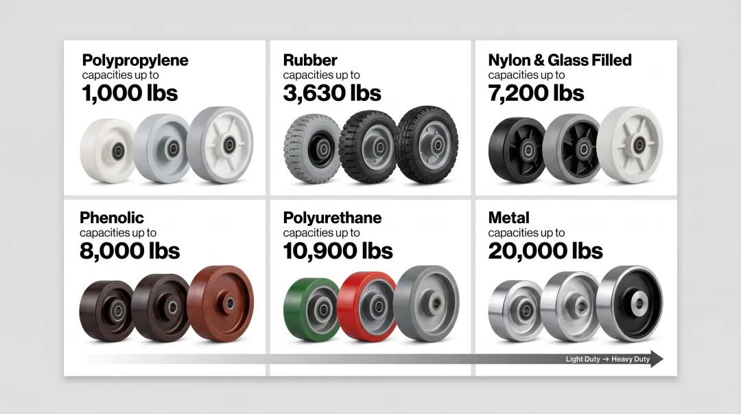 Large industrial caster catalog display showing diverse wheel types and load capacities