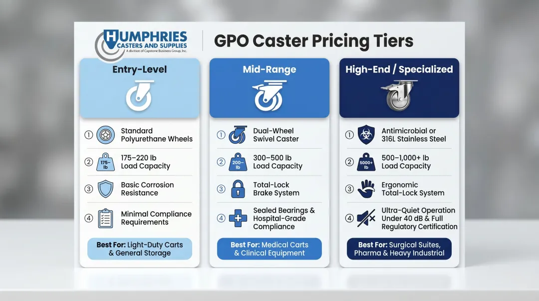 Three-tier medical caster GPO pricing comparison entry mid-range and specialized