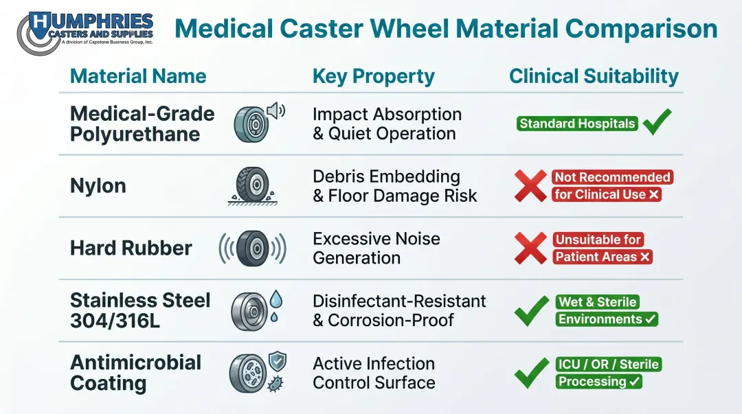 Medical caster material types infection control properties and clinical suitability comparison