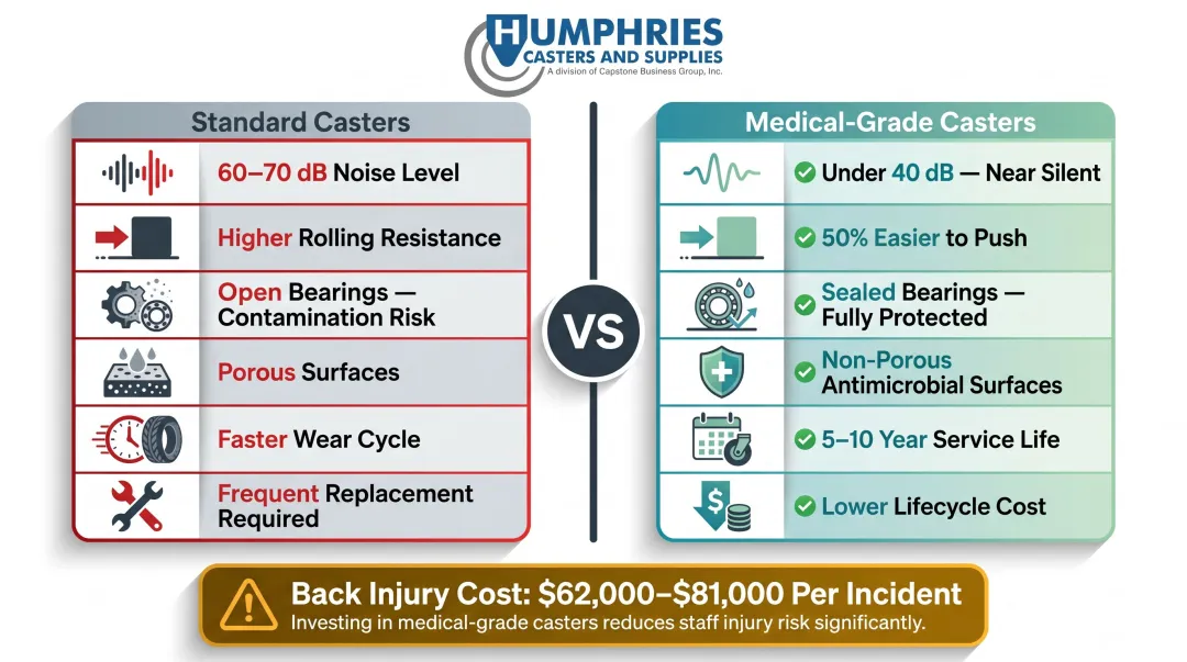 Standard versus medical-grade caster performance noise infection control and cost comparison