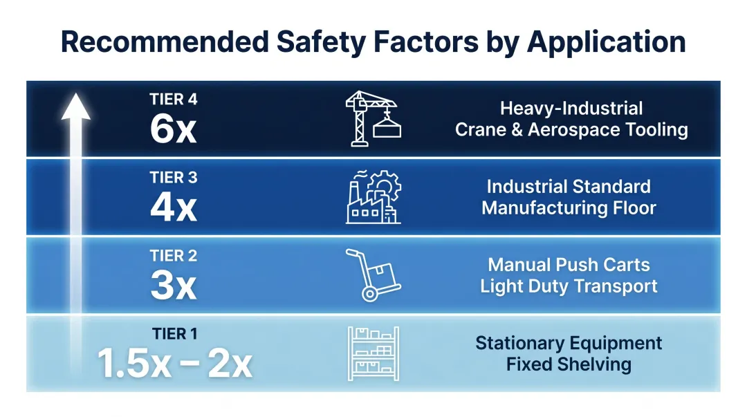 Industrial caster safety factor tiers from stationary equipment to aerospace applications
