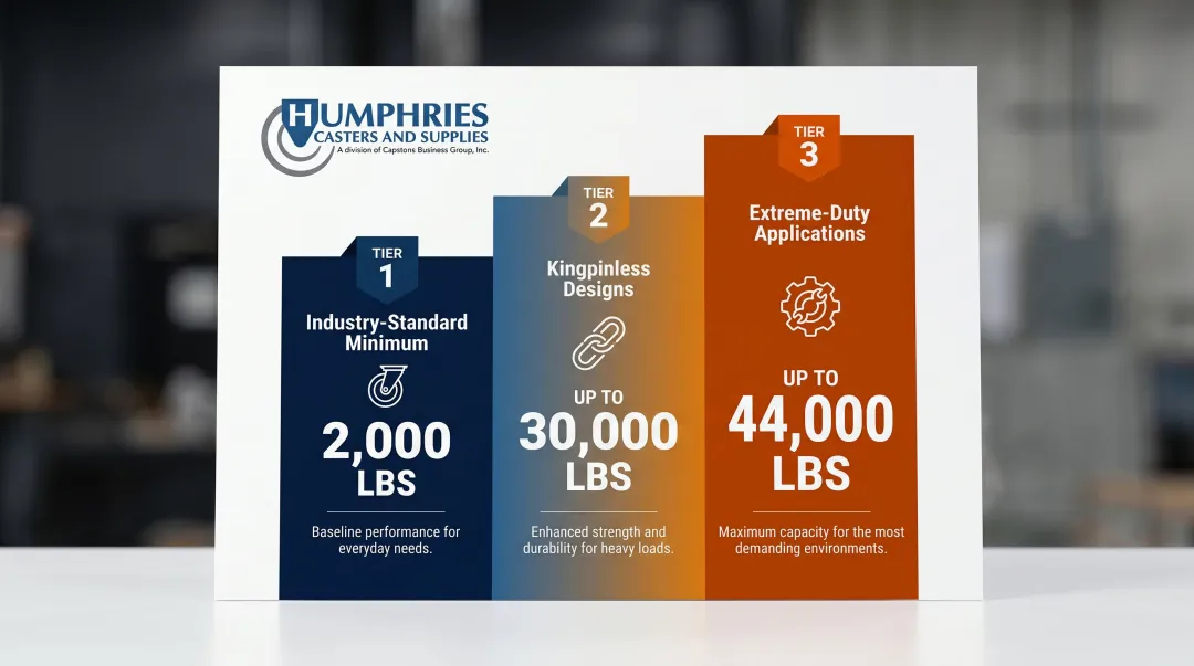 Heavy-duty caster load capacity tiers from 2000 to 44000 pounds comparison