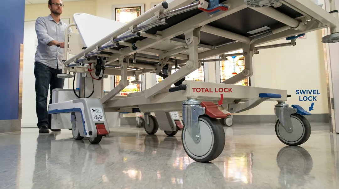Medical-grade total lock and swivel lock casters on hospital cart and bed equipment