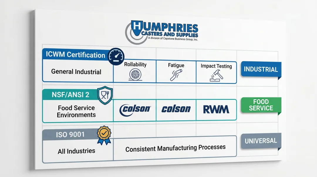 Industrial rubber caster certification standards ICWM NSF ISO requirements by application type