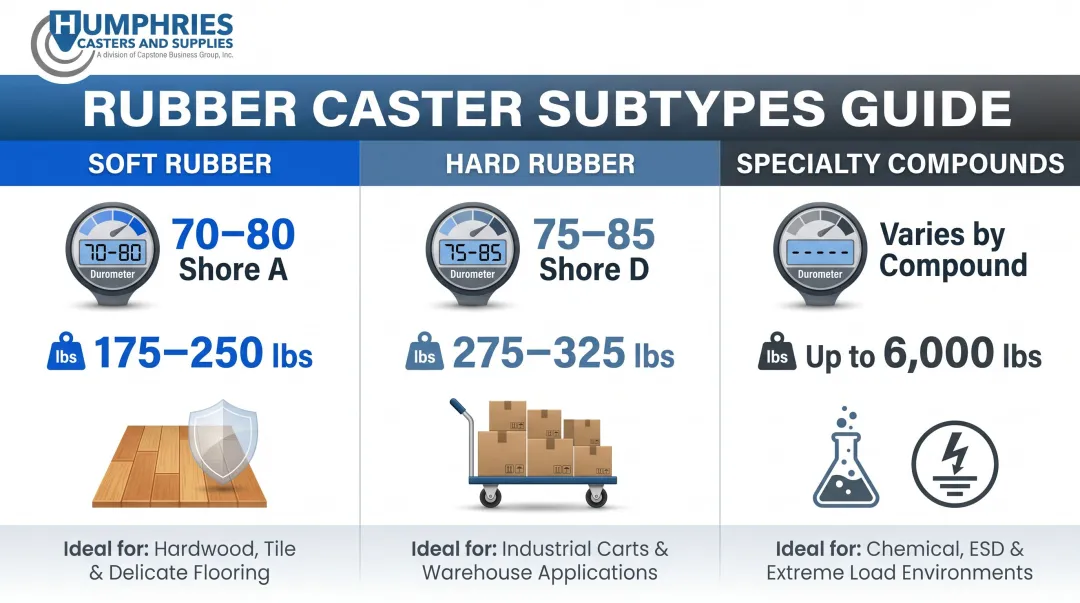 Rubber caster subtype comparison chart soft hard and specialty compounds load capacity