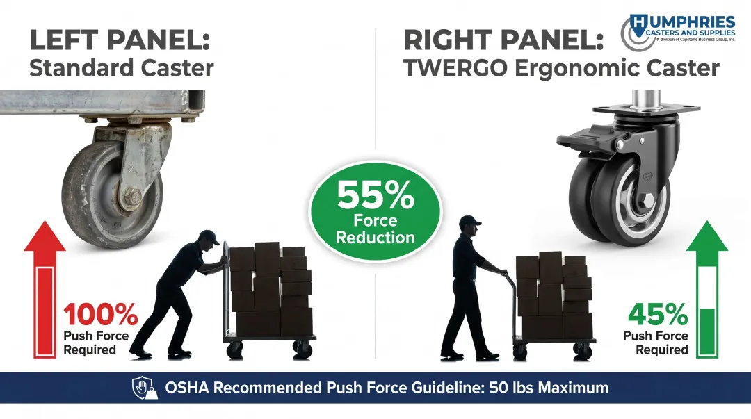 TWERGO ergonomic caster 55 percent push force reduction versus standard caster comparison