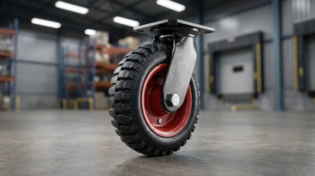 Industrial rubber caster wheel with custom compound tread on manufacturing facility floor