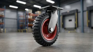 Industrial rubber caster wheel with custom compound tread on manufacturing facility floor