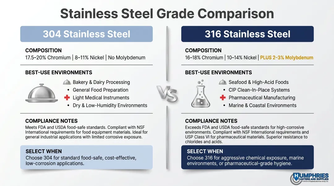 304 versus 316 stainless steel caster grade comparison for food and medical use
