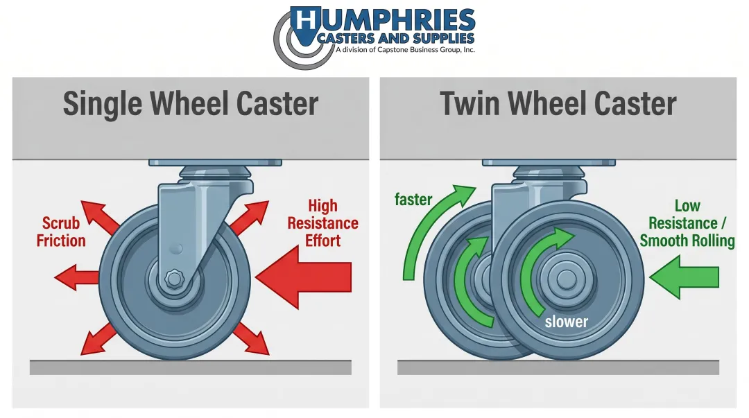 Single wheel pivot scrub versus twin wheel differential rotation mechanics comparison infographic
