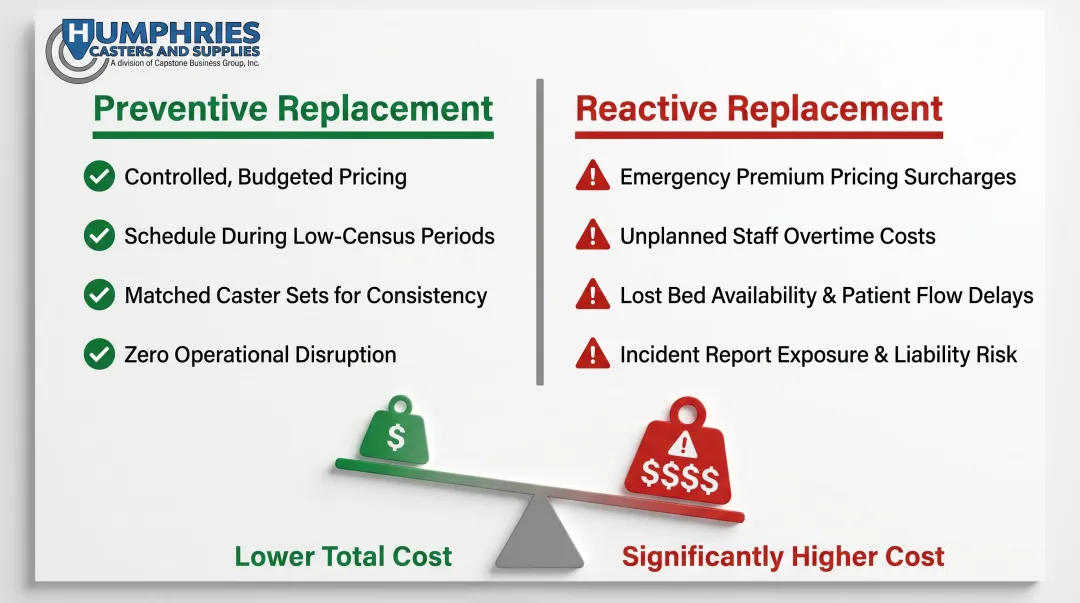 Preventive versus reactive caster replacement cost and operational impact comparison chart