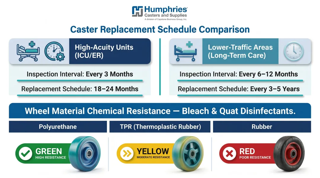 Hospital caster replacement timing guide by environment usage and chemical exposure factors