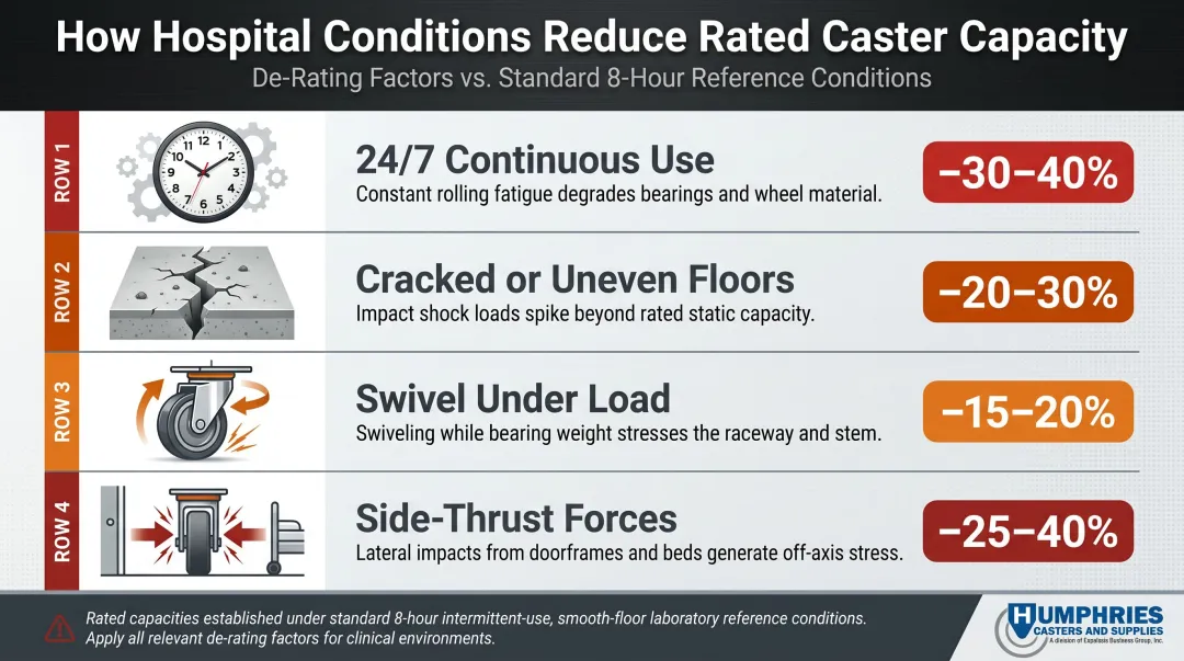 Hospital caster load de-rating factors and percentage reductions infographic