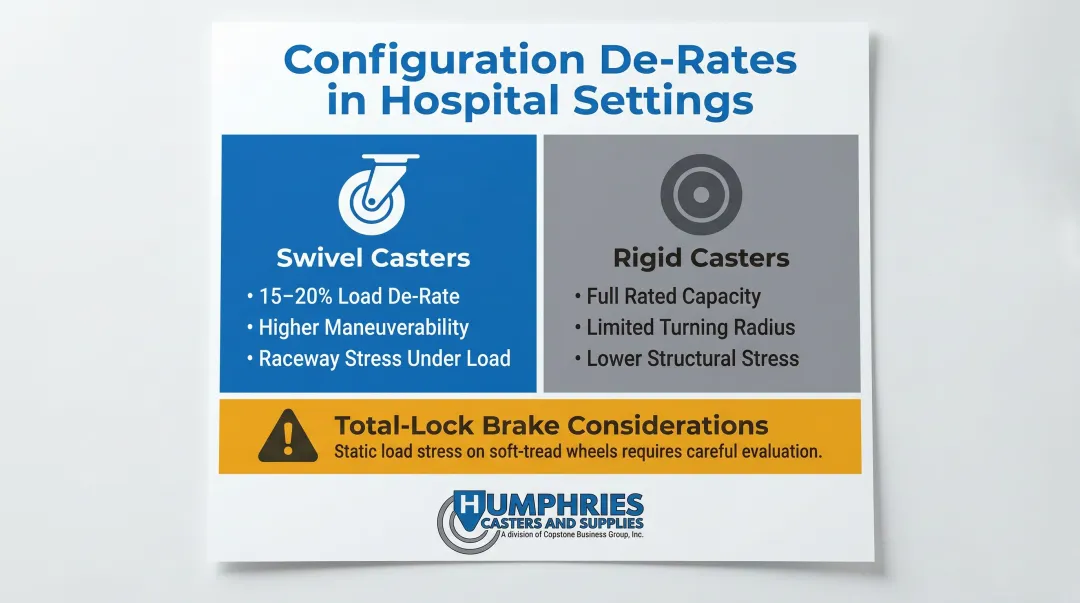 Swivel versus rigid caster load de-rating and brake interaction comparison chart