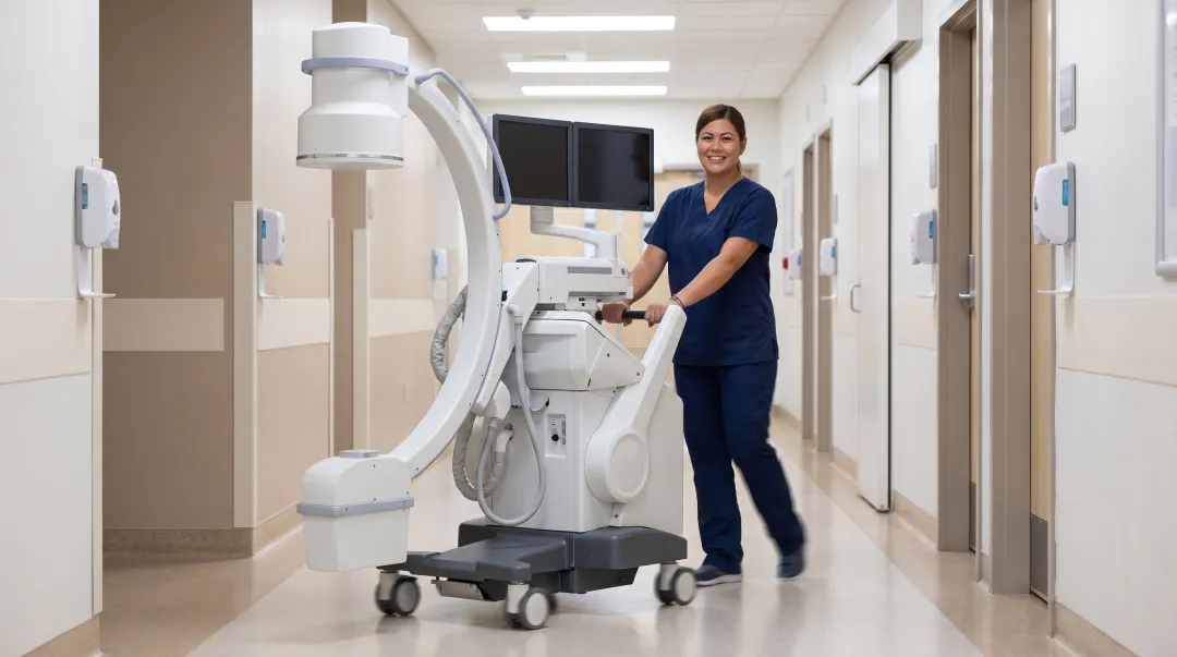Mobile C-arm imaging unit being moved through hospital corridor by technician
