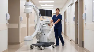 Mobile C-arm imaging unit being moved through hospital corridor by technician