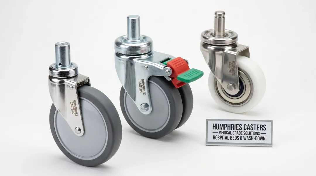 Humphries Casters medical-grade hospital bed caster product line display