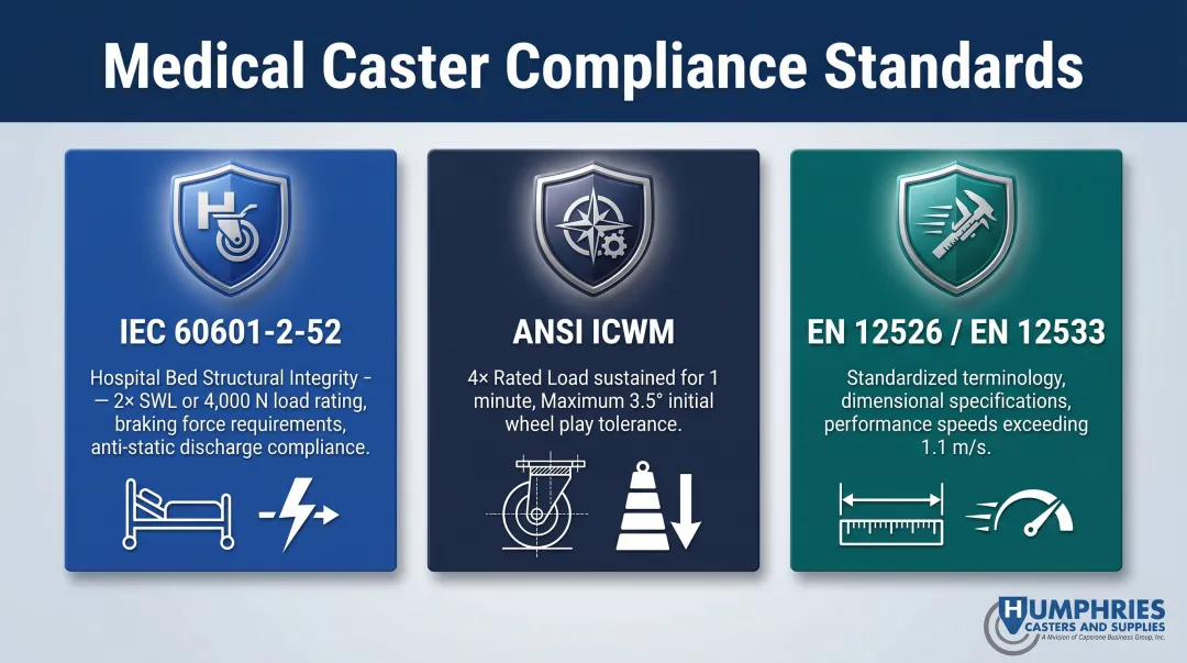 Three medical caster compliance standards IEC ANSI and EN requirements overview