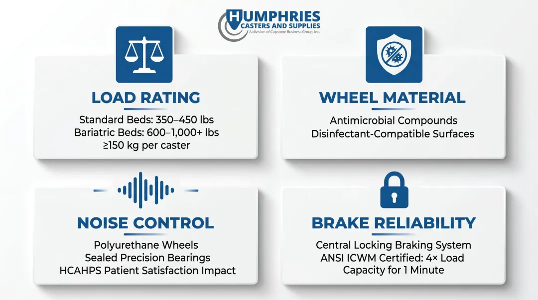Medical caster procurement evaluation criteria load noise brake and material specifications
