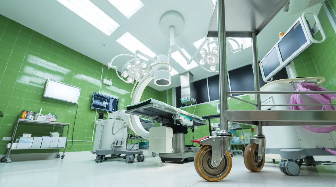 ESD electrostatic dissipative caster installed on operating room equipment cart