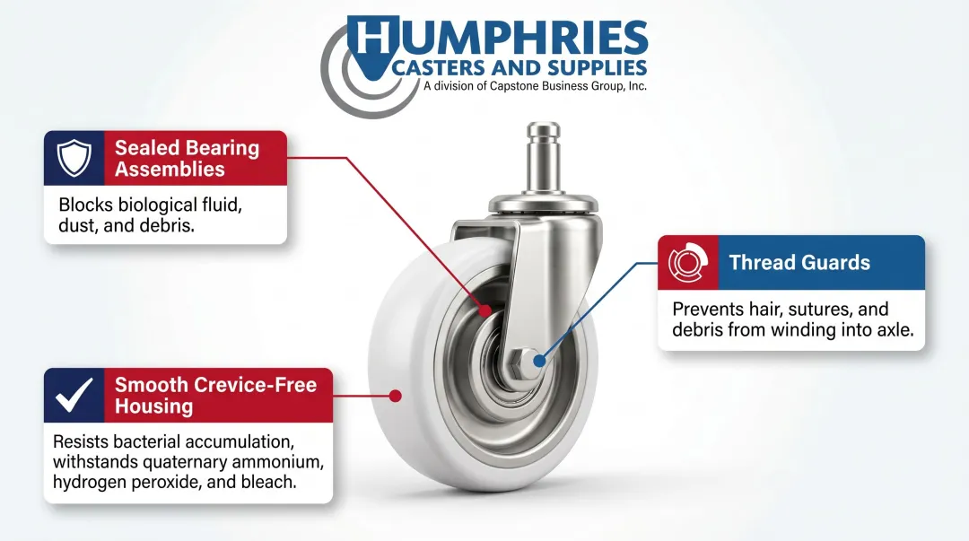 Medical caster infection control design features sealed bearings thread guards smooth housing